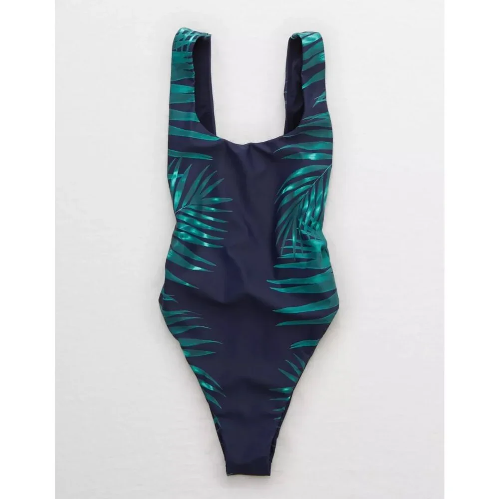 Aerie NWT Super Scoop One Piece Swimsuit in Rich Navy Palm Leaves size XXL